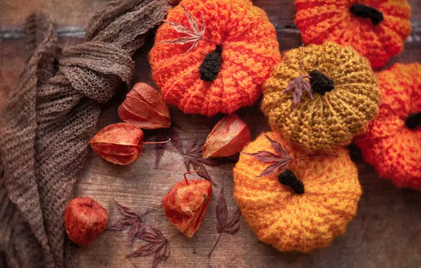 Autumn, table, toys, Board, treatment, scarf, pumpkin, pumpkin