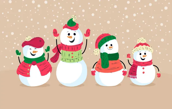 Snow, graphics, Christmas, New year, snowman, caps, snowfall, smile