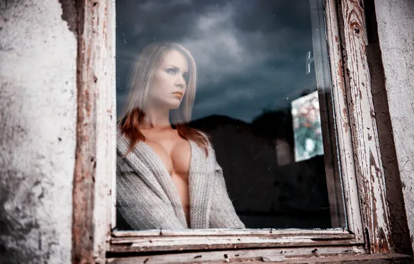 Picture girl, reflection, loneliness, window, neckline, desolation