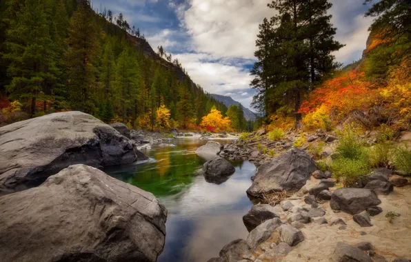 Autumn, forest, clouds, river, stones, shore, river, pond