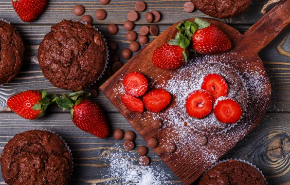 Berries, strawberry, cake, cupcakes, powdered sugar, chocolate, muffins