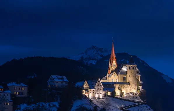 Picture mountains, night, lights, home, Austria, Church, Rankweil