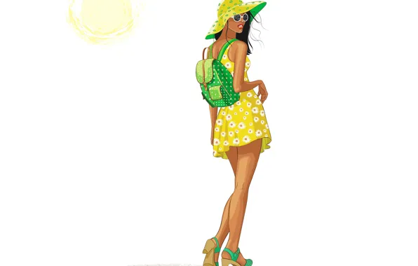 Picture summer, girl, the sun, style, back, vector, hat, dress