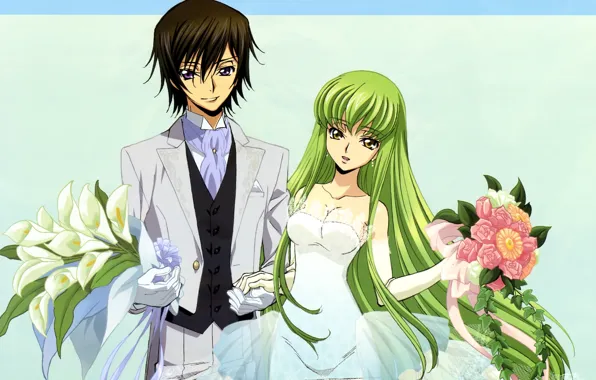 Bouquet, costume, neckline, gloves, the bride, green hair, Code Geass, art