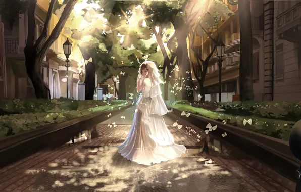 Girl, light, the city, home, anime, art, the bride, red flowers