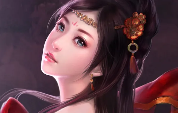 Look, girl, flowers, earrings, tattoo, art, Asian, barrette