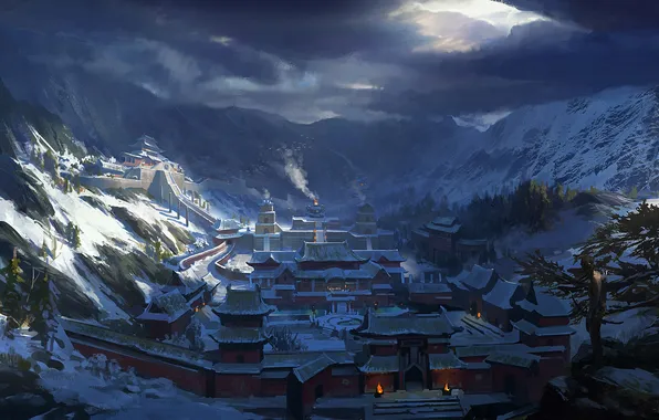 Cold, snow, mountains, the city, art, Lara Croft