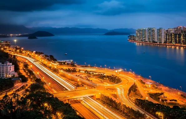 Sea, the sky, trees, clouds, lights, road, Hong Kong, skyscrapers
