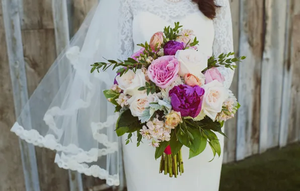 Flowers, roses, bouquet, dress, the bride, peonies, wedding