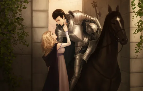 Horse, Girl, armor, male, lovers, knight, two