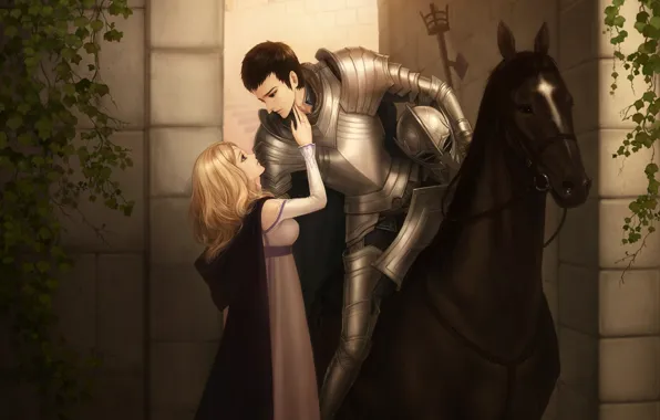Girl, horse, armor, male, lovers, knight, two