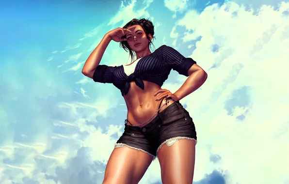 The sky, girl, clouds, shorts, top