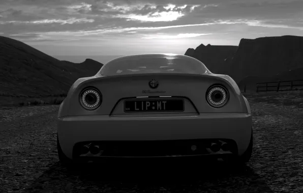 Alfa Romeo, Sky, Landscape, Mountain, Game, Ocean, Black White, Alfa Romeo 8C