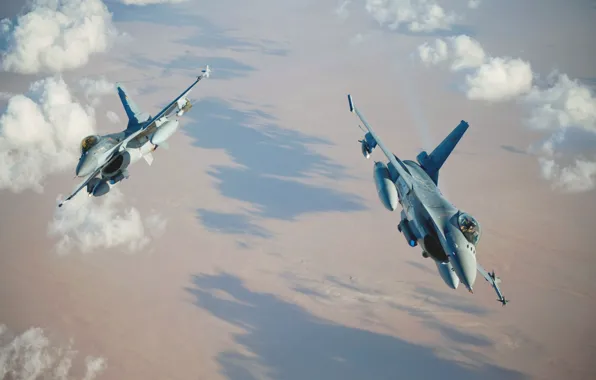 The sky, Clouds, fighter, Flight, Pair, F-16, Fighting Falcon, General Dynamics