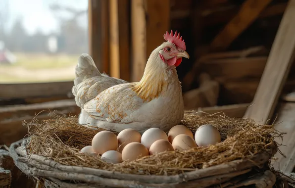 Bird, Board, eggs, chicken, socket, straw, coop, farm