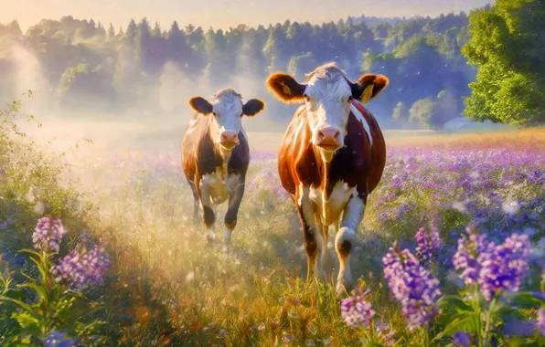 Field, cow, cows, pair, painting, two cows, imitation painting, AI art
