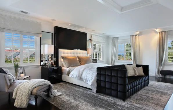 Design, Villa, bed, interior, window, black, curtains, mansion