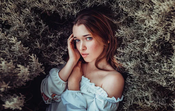 Look, model, portrait, hands, makeup, dress, hairstyle, in white