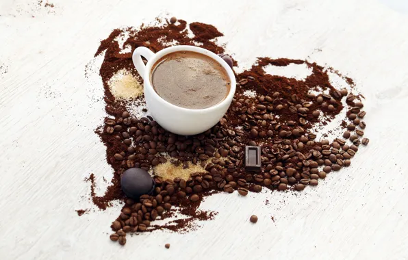 Picture heart, coffee, chocolate, grain, cookies, Cup, sugar, white