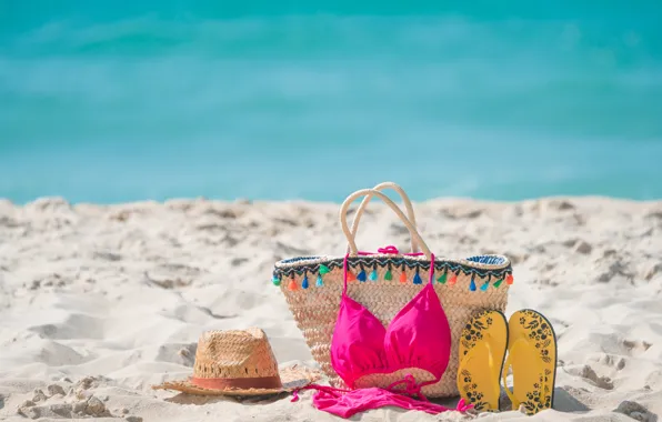 Picture sand, sea, beach, swimsuit, summer, stay, vacation, hat