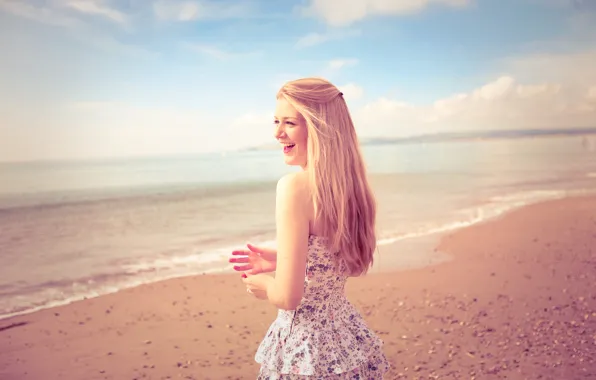 Sand, beach, summer, girl, landscape, smile, mood, shore