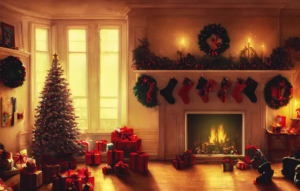 Light, room, Windows, interior, candles, Christmas, gifts, shelf