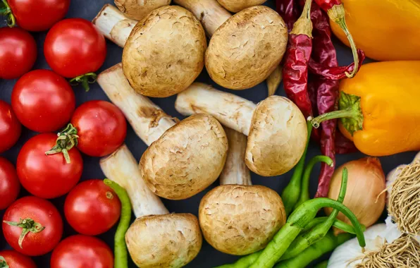 Mushrooms, bow, pepper, sharp, vegetables, tomatoes, garlic, mushrooms