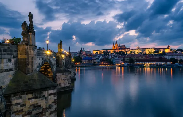 The sky, clouds, bridge, lights, river, home, the evening, Prague