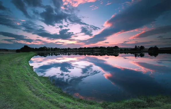 Picture the sky, grass, clouds, trees, sunset, lake, reflection, shore