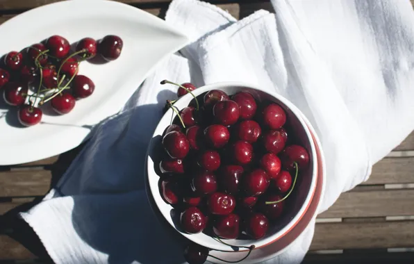 Light, cherry, berries, table, Board, towel, plate, red