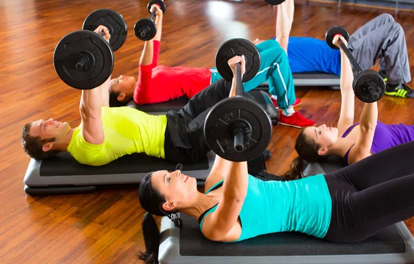 Group, fitness, gym, weights, dumbbells