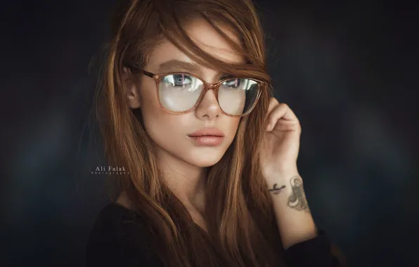 Pose, background, portrait, makeup, tattoo, glasses, hairstyle, brown hair