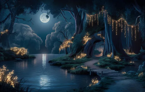 Lights, fantasy, magic, landscape, nature, night, lake, beauty