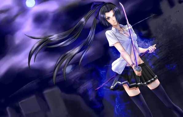 Girl, night, the moon, katana, form, schoolgirl, beautiful