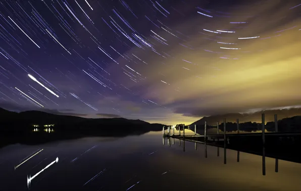 Landscape, night, bridge, lake, stars