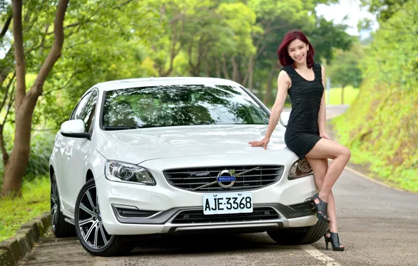 Picture look, smile, Girls, Asian, beautiful girl, white car, Volvo S60, posing on the car