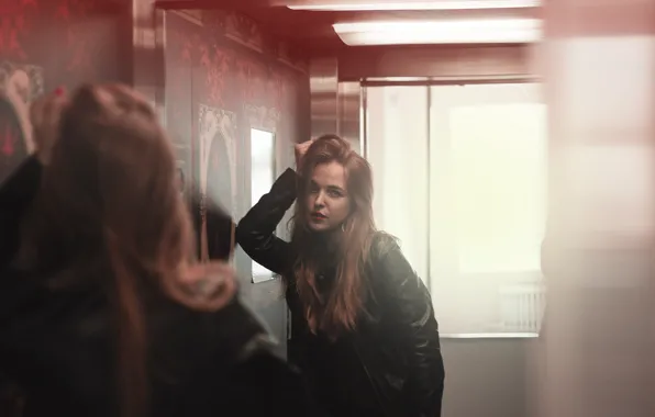 Girl, pose, model, mirror, lift, girl, model, mirror