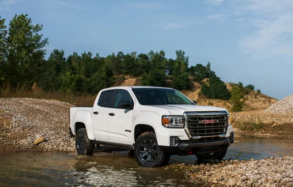 Picture water, stones, vegetation, pickup, GMC, Crew Cab, Canyon, AT4