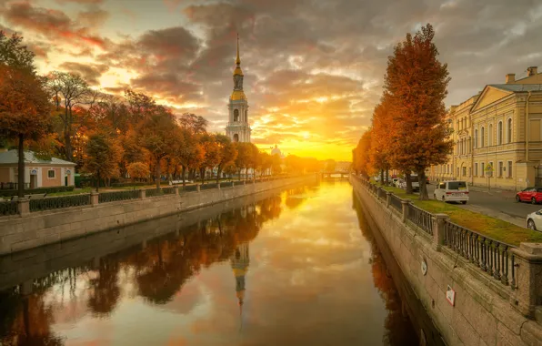 Autumn, the sun, dawn, Church, channel, Saint Petersburg, Gordeev Edward