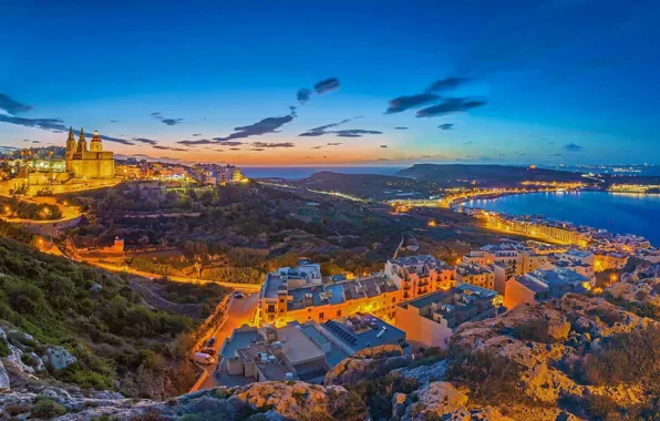 Sea, landscape, lights, home, panorama, Malta, Mellieha