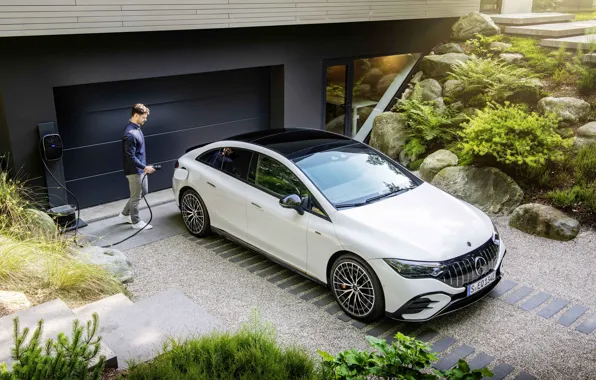 Mercedes-Benz, White, House, Sedan, Male, Electric sedan, Mercedes-AMG EQE 53 4MATIC, Electric sedan