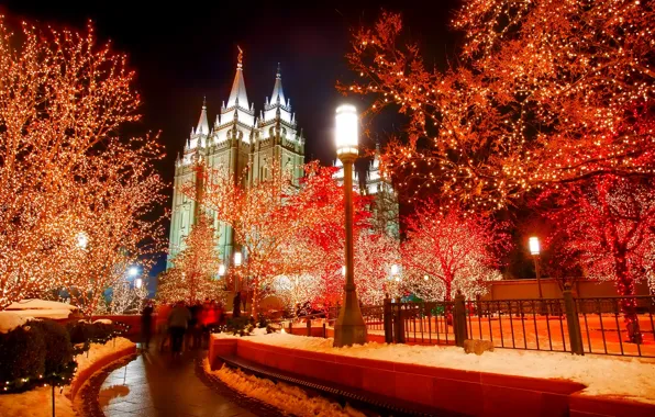 Winter, snow, trees, night, lights, holiday, tower