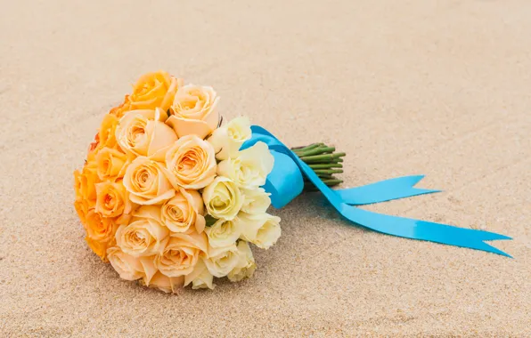 Sand, roses, wedding bouquet, satin ribbon