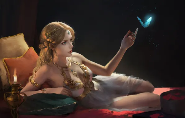 Picture girl, fantasy, dress, blue eyes, butterfly, braid, blonde, digital art