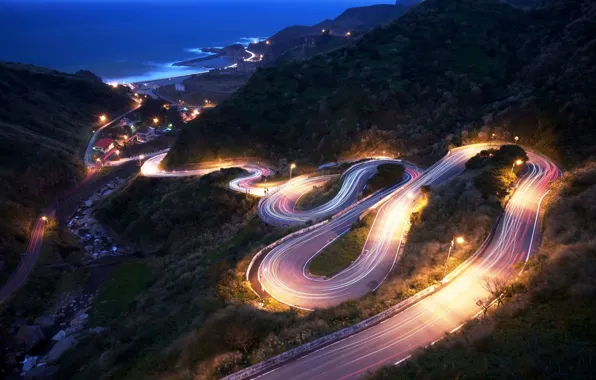 Road, sea, mountains, lights, the descent, the evening, slope