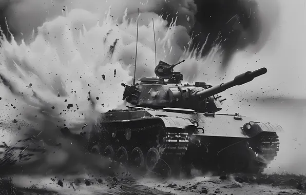 Picture Retro, The explosion, Tank, Digital art, Black and white, AI art, The Art of Artificial …