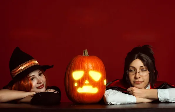 Hat, glasses, pumpkin, Halloween, friend, costumes, Helloween, cosplay