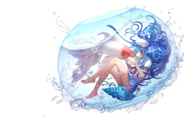 Picture water, fish, aquarium, art, girl, vocaloid, hatsune miku, koi