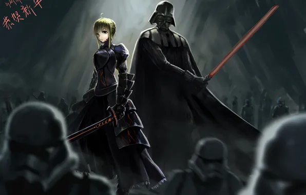 Girl, weapons, sword, soldiers, star wars, darth vader, guy, the battle