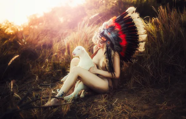 Girl, nature, face, body, feathers, sheep, headdress, lamb